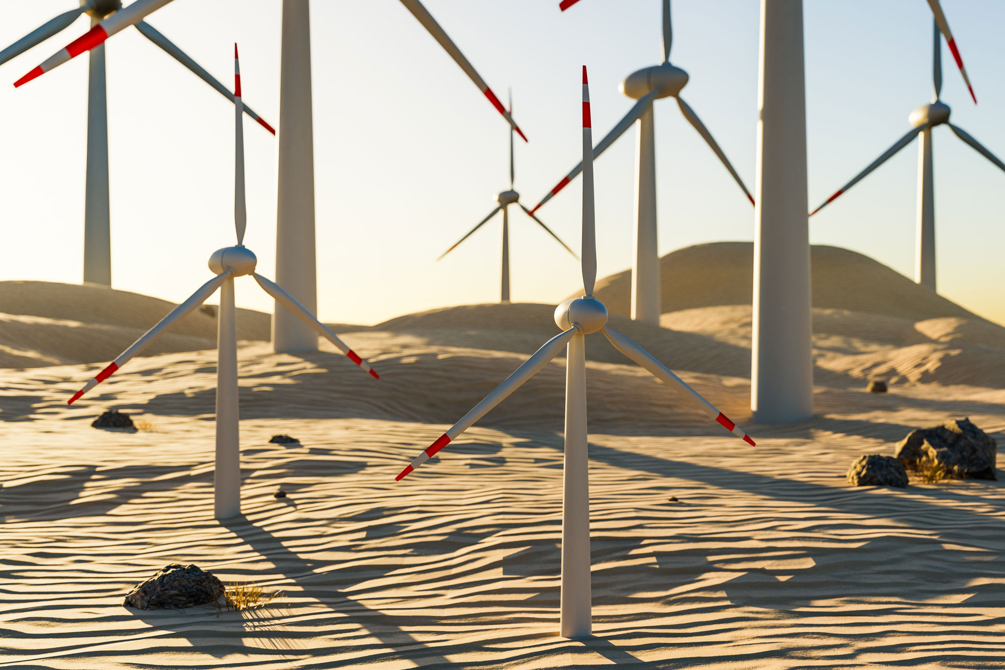 Wind Farm with Wind Turbines in a desert